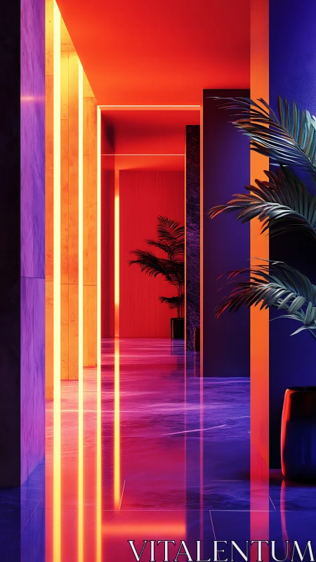 Neon-lit corridor with tropical foliage and bold color planes.