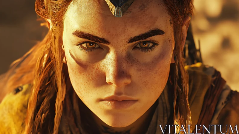 Close frontal render of freckled red-haired character face.