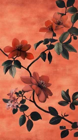 Red Flowers with Dark Leaves on Coral Background