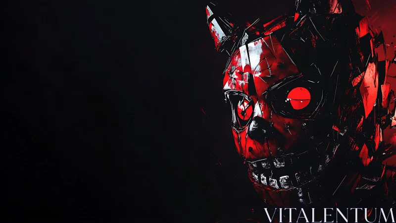 Red mechanical demon skull with glowing eyes on black.