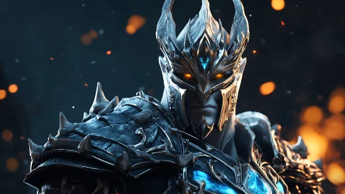 Armored frost king with glowing ember eyes in battlefire.