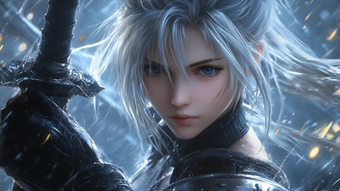 Silver haired anime warrior holding sword in heavy rain.