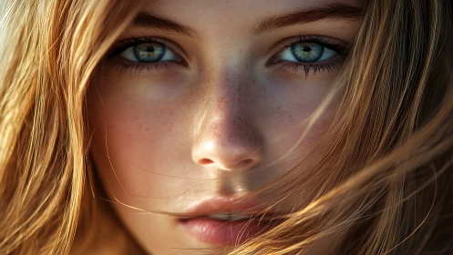 Intense close-up portrait with golden hair and blue eyes.