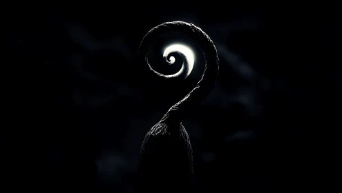 Curled question mark of light in a dreamy midnight void.