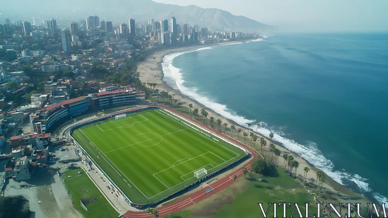 Coastal football stadium overlooks city skyline and sea.