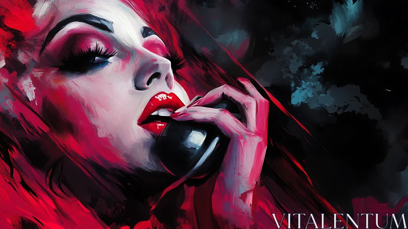 Woman with red lips holding black sphere in darkness.