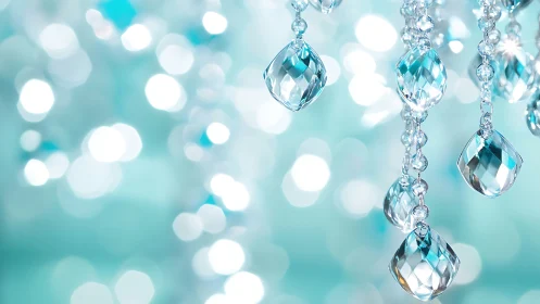 Macro crystal bokeh with suspended aqua glass prisms composition.