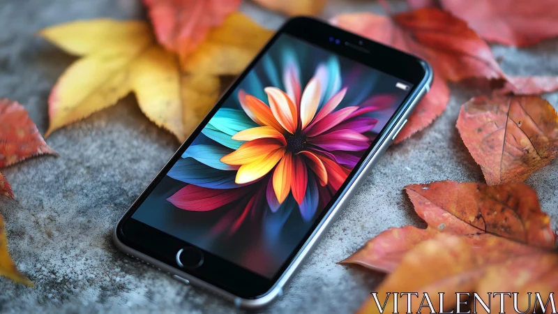 Smartphone with Vibrant Flower Display Surrounded by Autumn Leaves.