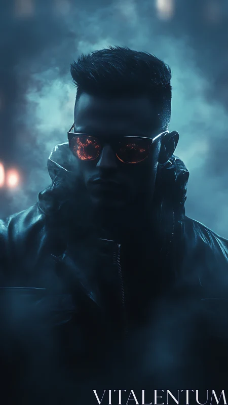 Mysterious figure in neon glow with firelit reflective shades.