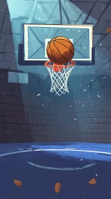 Basketball hangs on the rim in a quiet indoor court moment