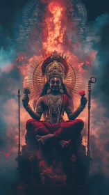 Fiery divine goddess seated in mystic temple throne vision.