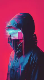 Neon hooded figure dissolving into glitchy digital static.