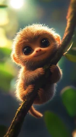 Tiny golden-furred primate clings to branch in soft bokeh light.