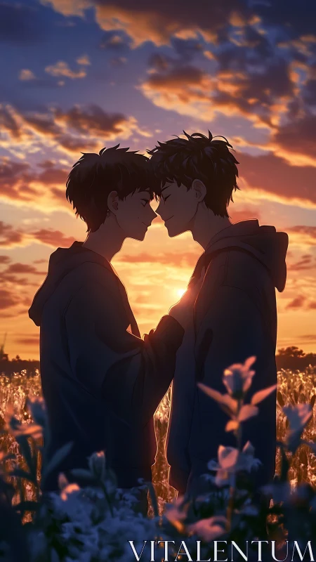 Sunset field embraces two boys sharing a gentle closeness