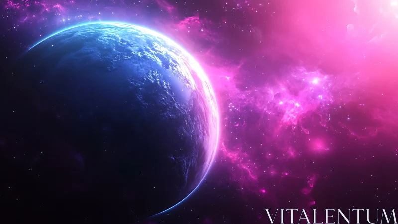 Glowing blue planet hangs in radiant magenta nebula sky.