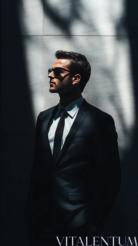 Confident man in a sharp suit enjoys bold city sunlight