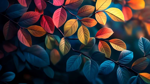Colorful branch with multicolored leaves on dark background.