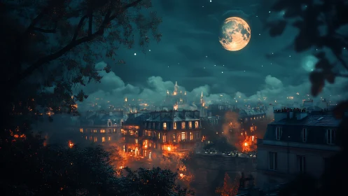 Moonlit cityscape shows glowing windows under cloudy sky