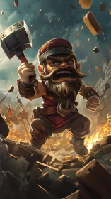 Dwarf warrior with hammer amid burning ruins in battle scene.