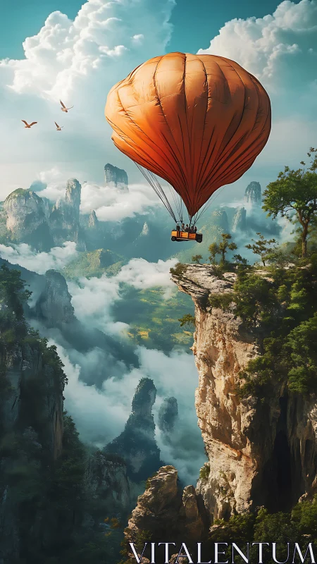 Orange balloon glides above fog-dense karst cliffs with aerial depth