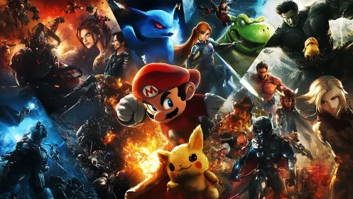 Colorful collage of popular video game heroes in battle.