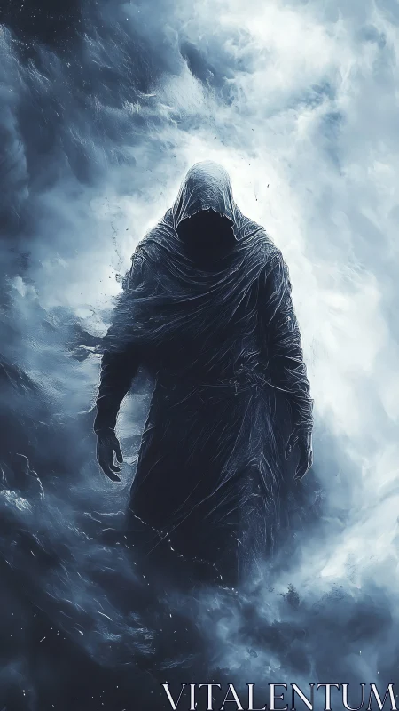 Mysterious hooded wanderer strides through stormy blue mist