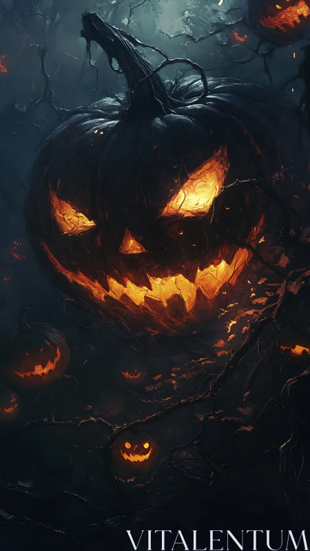 Glowing jack-o’-lantern swarm in a haunted twilight forest.