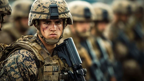 Soldier stands in combat gear with rifle amid blurred unit