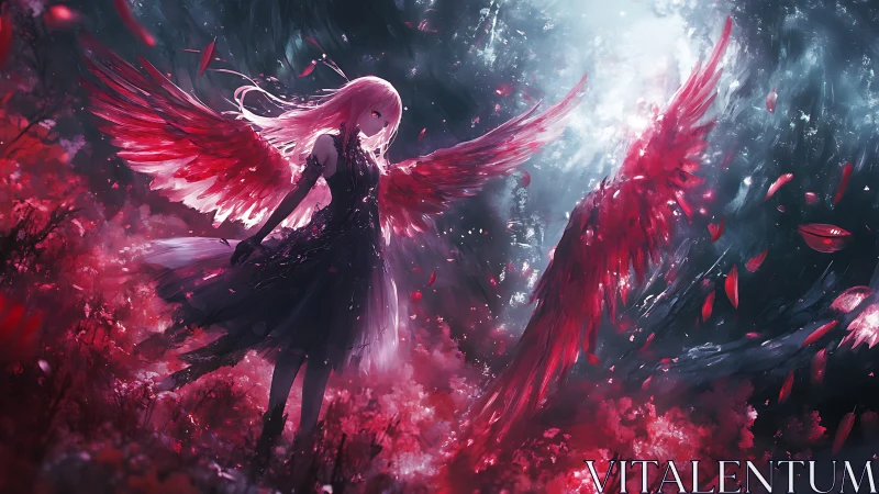 Crimson-winged angel stands in glowing ethereal forest.