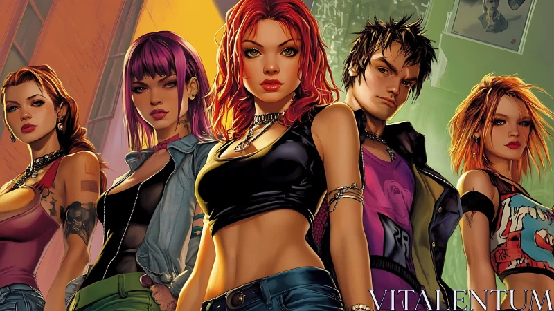 Stylized urban youth ensemble rendered in dynamic comic realism