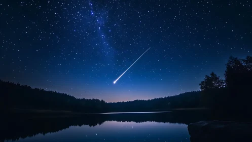 Meteor scribbles bright starlit script above midnight lake