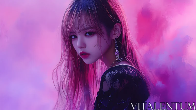 Iridescent portrait of young woman in neon magenta haze.