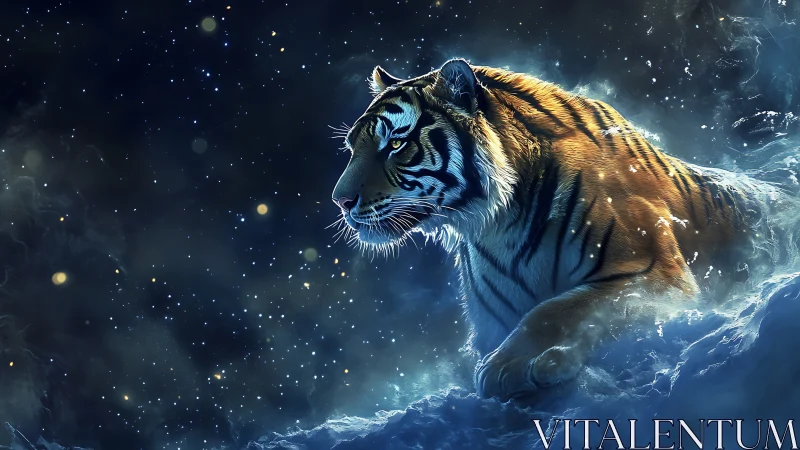 Tiger profile in luminous blue snow and starry darkness.