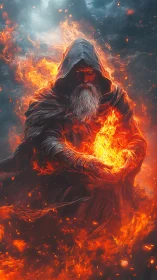 Firelit wanderer cradling a living flame in stormed night.