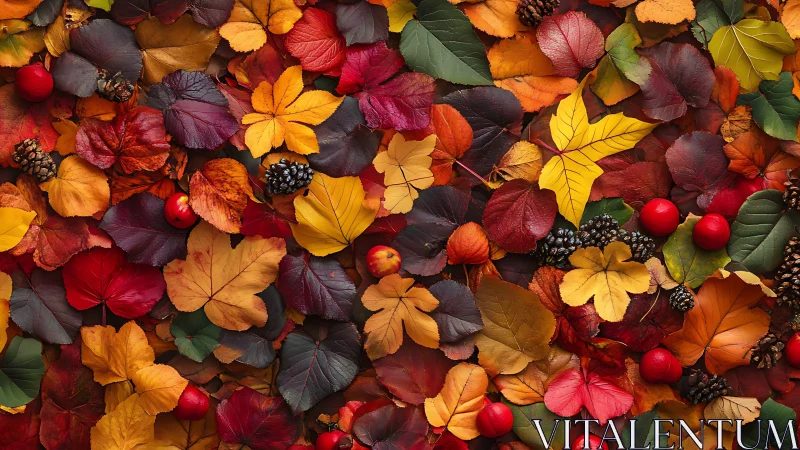Mixed autumn foliage, berries and cones in dense flat layout.