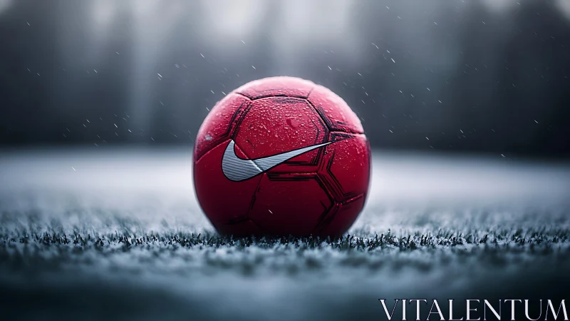 Red soccer ball rests on wet frosty pitch under snowfall