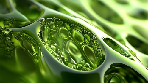Abstract Green Liquid Surface with Bubbles in 3D Digital Art Style.
