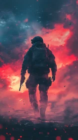 Backlit tactical soldier silhouette in red nebular battlefield