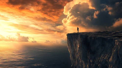 Sunlit wanderer pauses on a vast cliff above the glowing sea