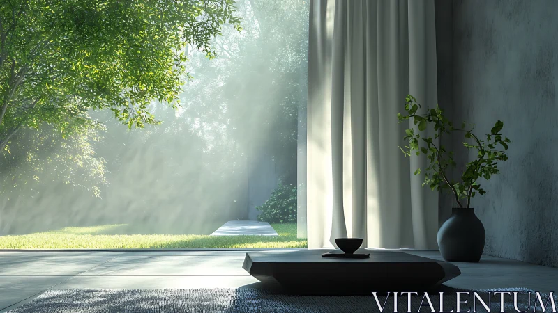 Sunlit minimalist room opening gently onto a calm green garden.