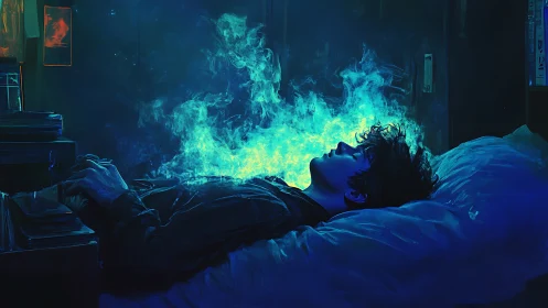 Midnight dreamer wrapped in glowing neon-blue thoughts.