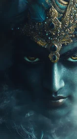 Blue-skinned mystical face with ornate golden headdress.
