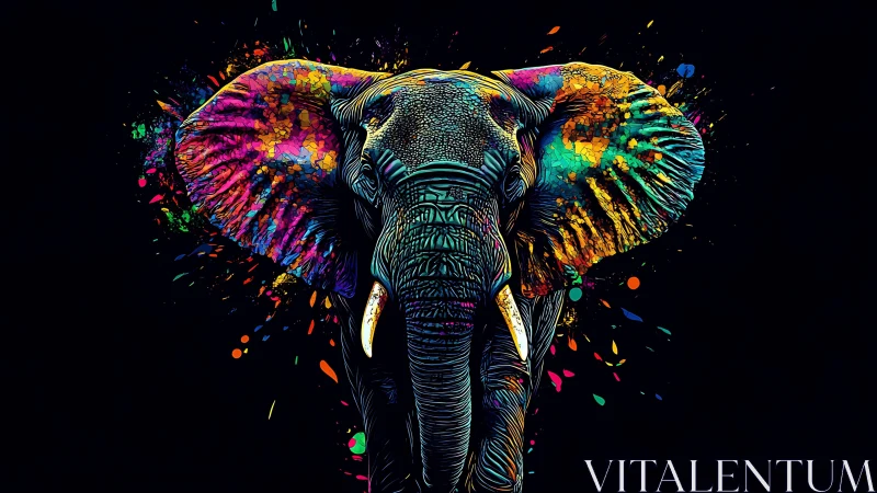 Multicolored elephant portrait on black background surface.