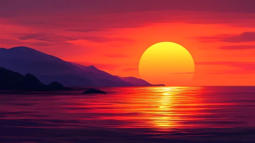 High-saturation digital seascape renders stylized sunset gradients