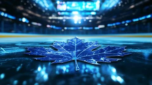 Digital maple leaf graphic lies centered on illuminated ice rink