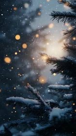 Snowy evergreen branches glow in soft winter lights.