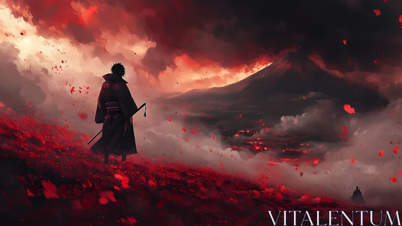 Samurai silhouette before erupting volcano in crimson storm.