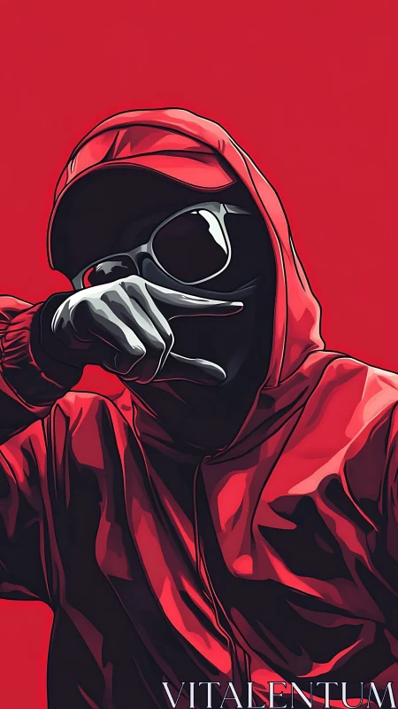 Hooded figure in red garment poses against uniform backdrop