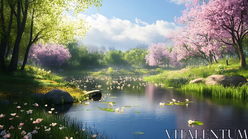 Gentle spring pond welcomes soft blossoms and quiet light