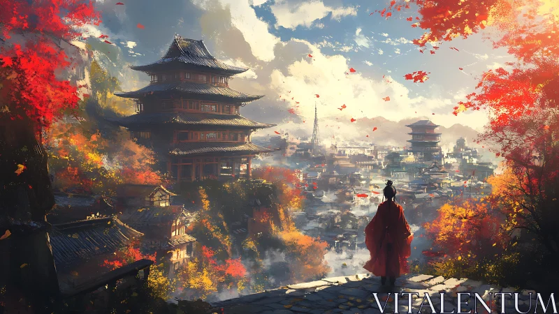 Wandering soul above autumn temples in a glowing mountain city.